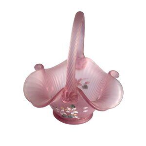 Vintage Fenton Pink Ribbed Ruffled Glass Basket Hand Painted Signed By P. Kitron